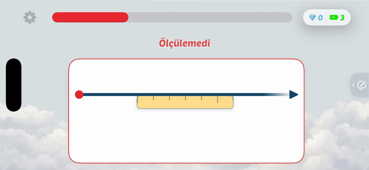 A ruler placed under a ray, with feedback that its total length cannot be measured